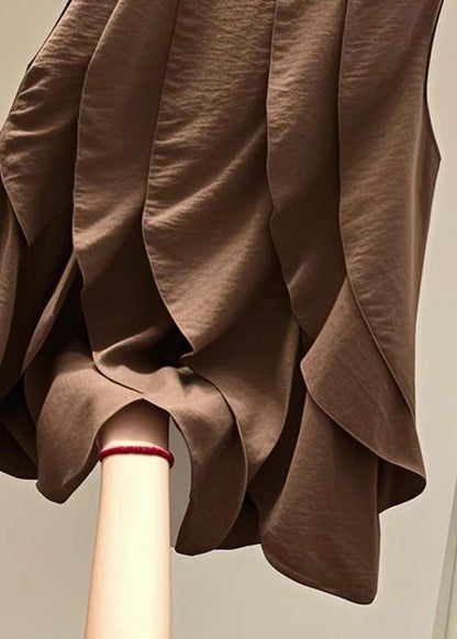 Brown O-neck Ruffled Patchwork T Shirts Summer