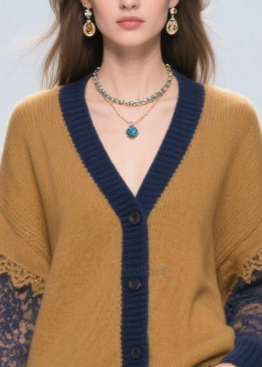 Brown Oversized Hollow Out Patchwork Lace Cardigans Fall