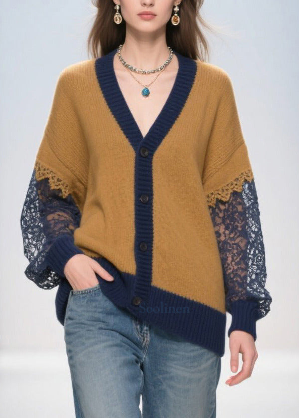 Brown Oversized Hollow Out Patchwork Lace Cardigans Fall