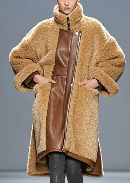 Brown Oversized Pu Patchwork Warm Fleece Trench Winter