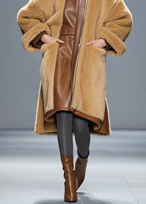 Brown Oversized Pu Patchwork Warm Fleece Trench Winter