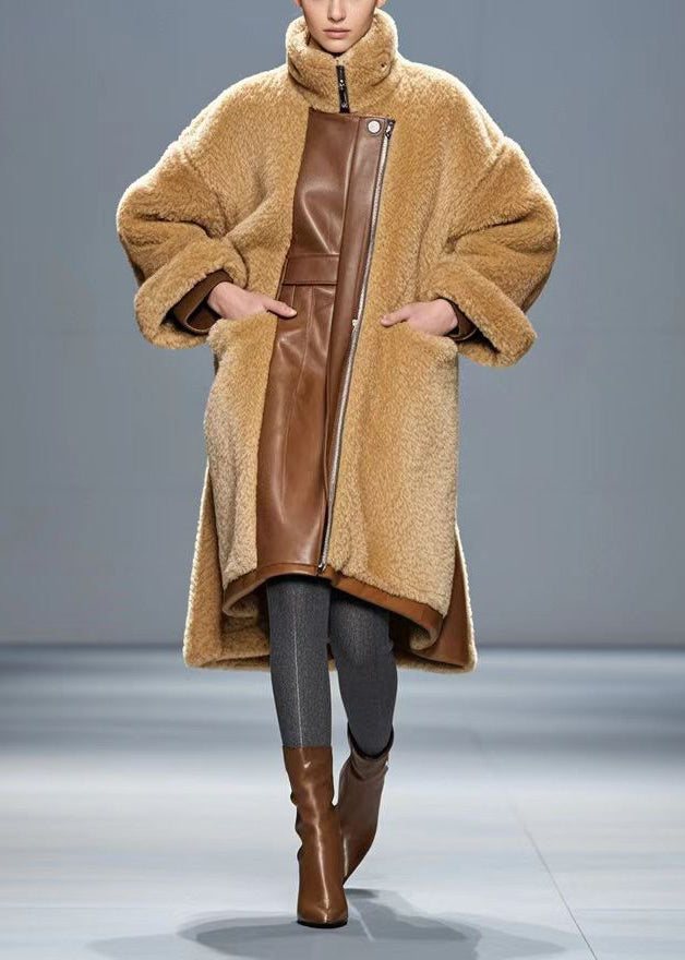 Brown Oversized Pu Patchwork Warm Fleece Trench Winter