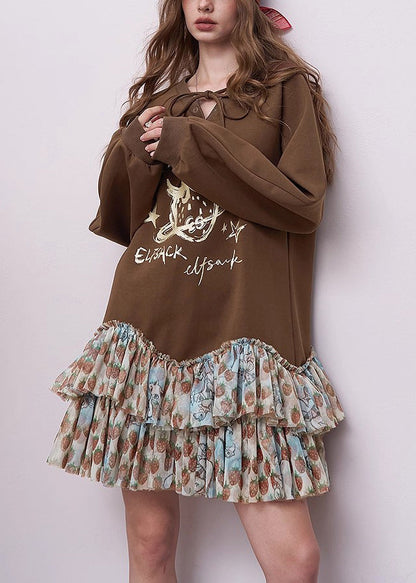 Brown Oversized Patchwork Cotton Sweatshirts Dress Spring