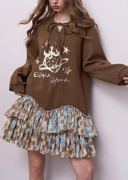 Brown Oversized Patchwork Cotton Sweatshirts Dress Spring