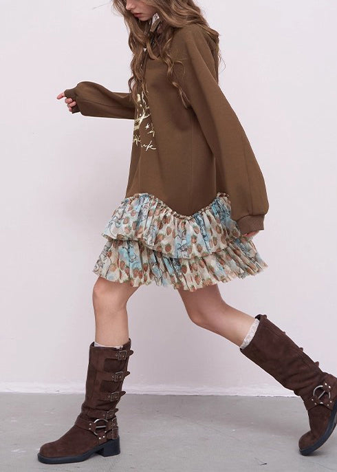 Brown Oversized Patchwork Cotton Sweatshirts Dress Spring