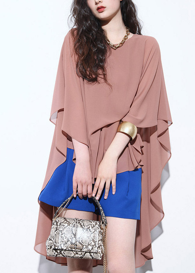 Brown Patchwork Low High Design Chiffon Top Fall