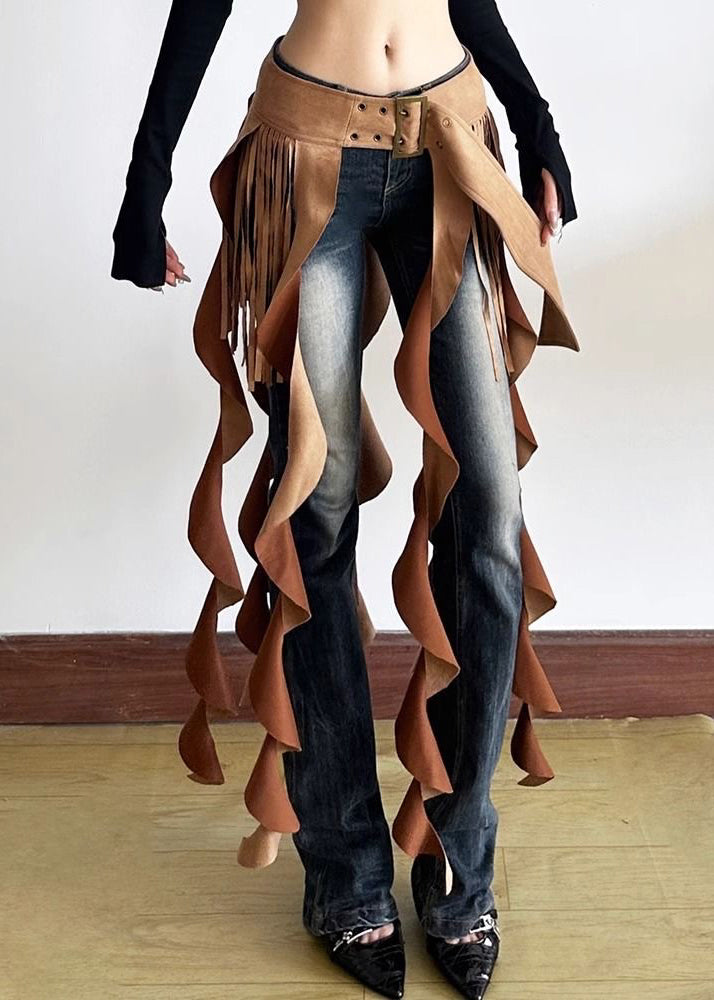Brown Patchwork Wavy Line Tassel Ribbon Sashes Skirt