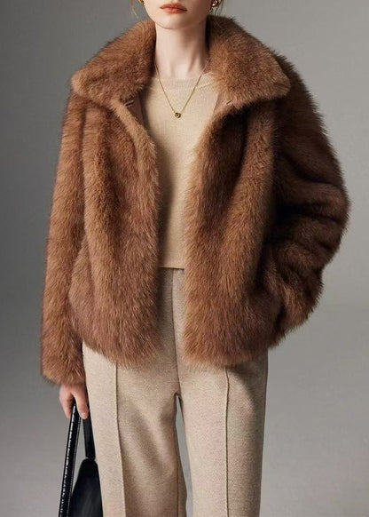 Brown Peter Pan Collar Faux Fur Jacket Winter