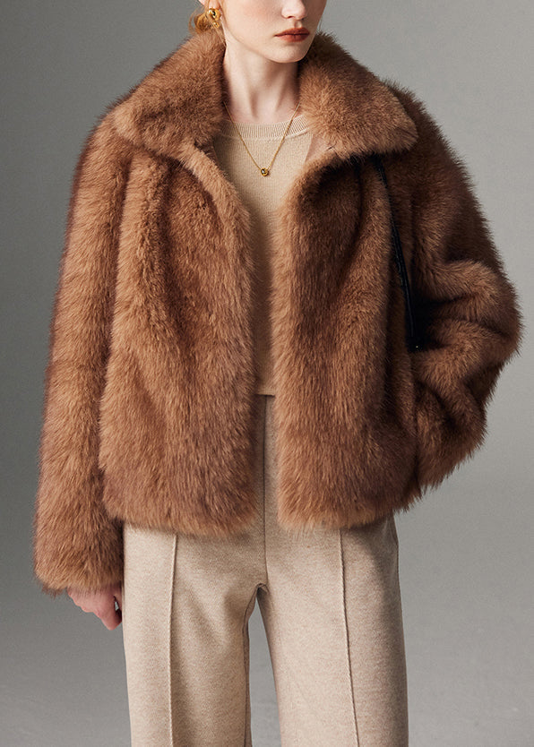 Brown Peter Pan Collar Faux Fur Jacket Winter