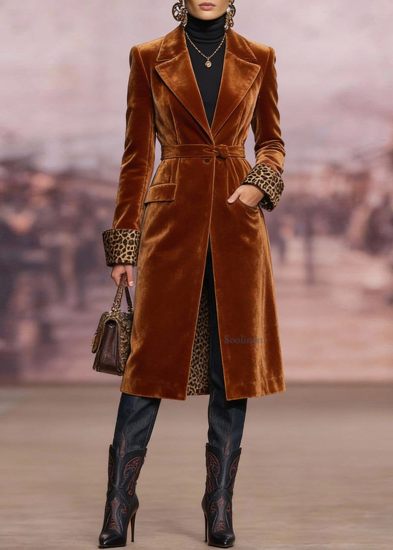 Brown Peter Pan Collar Pockets Velvet Trench Spring