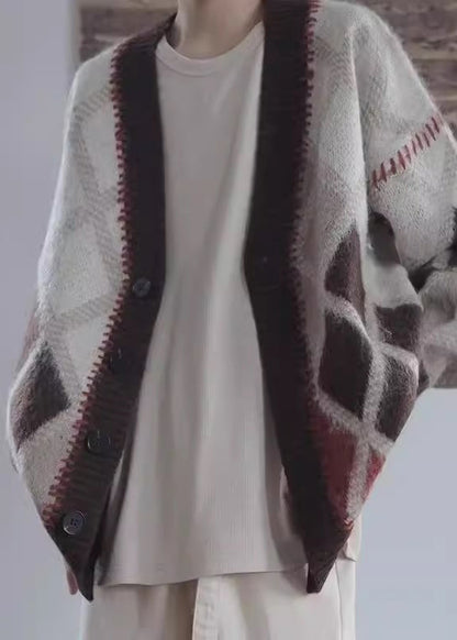 Brown Plaid Button Knit Cardigan Spring