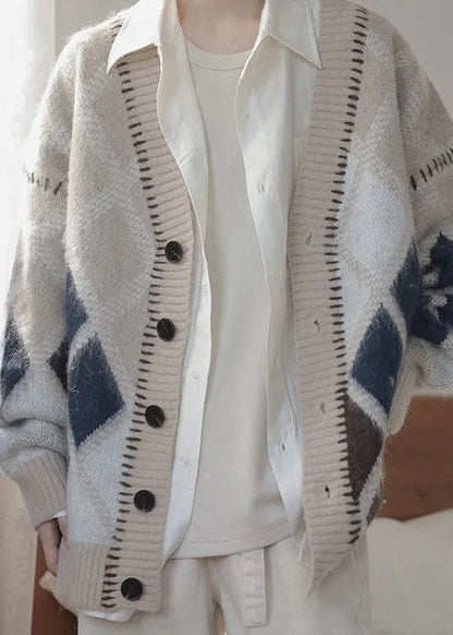 Brown Plaid Button Knit Cardigan Spring
