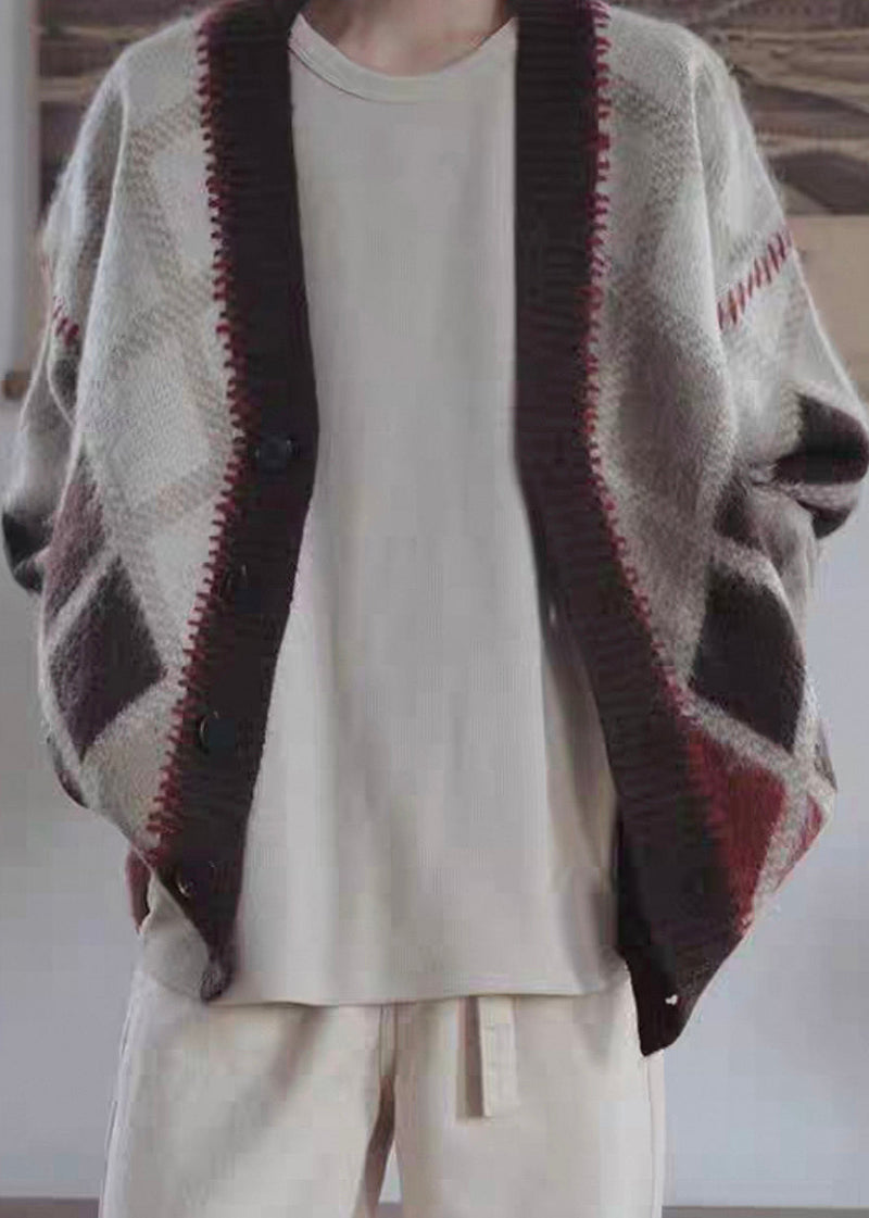 Brown Plaid Button Knit Cardigan Spring