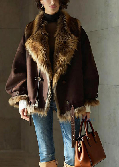 Brown Pockets Button Faux Fur Jackets Winter
