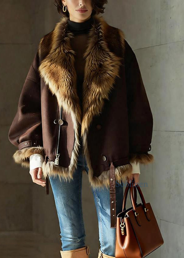 Brown Pockets Button Faux Fur Jackets Winter