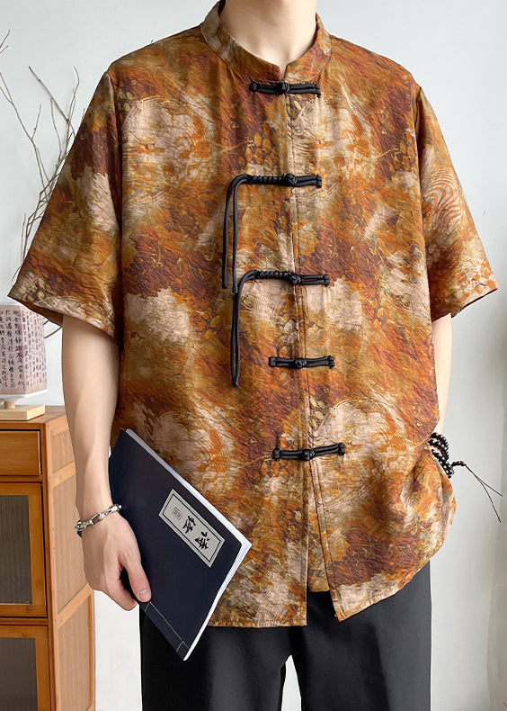 Brown Stand Collar Button Cotton Shirts Summer