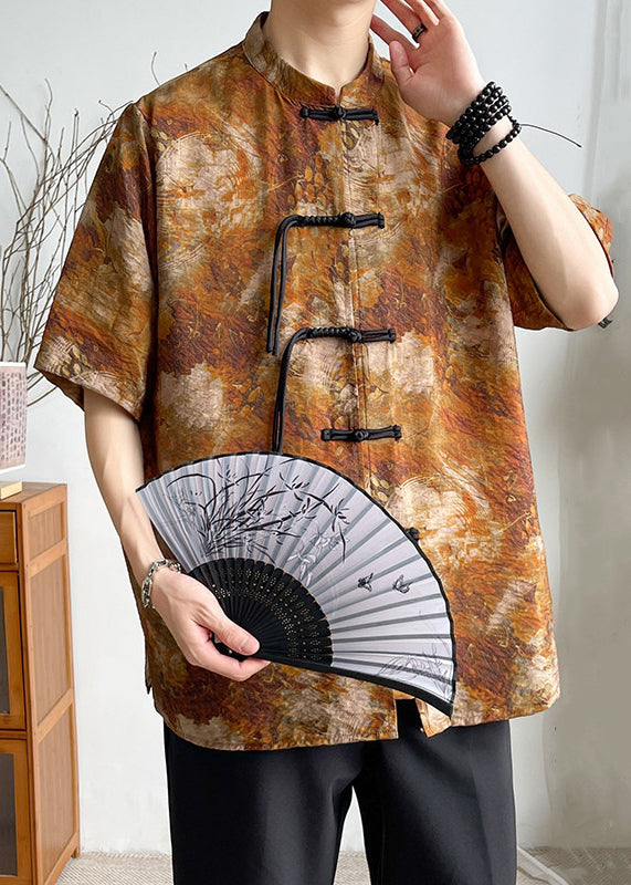 Brown Stand Collar Button Cotton Shirts Summer