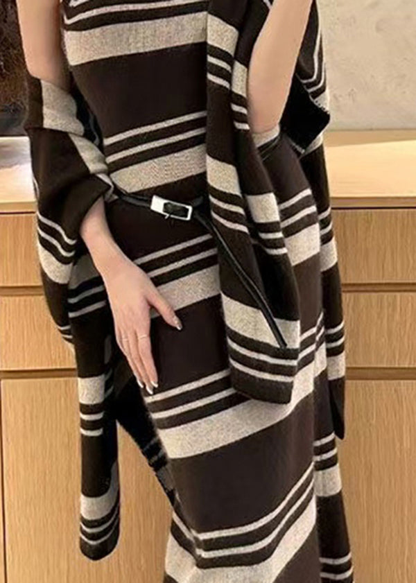 Brown Striped Cardigans and Sweater Dress Knit Two Pieces Set Spring