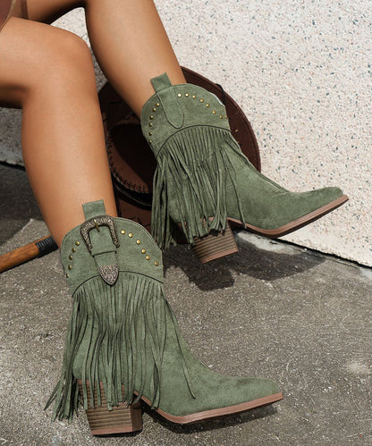 Brown Tasseled Nail Bead Suede Splicing Ankle Boots