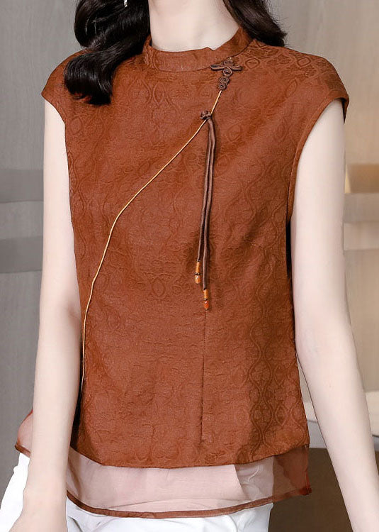 Brown Tasseled Patchwork Jacquard Silk Shirt Sleeveless