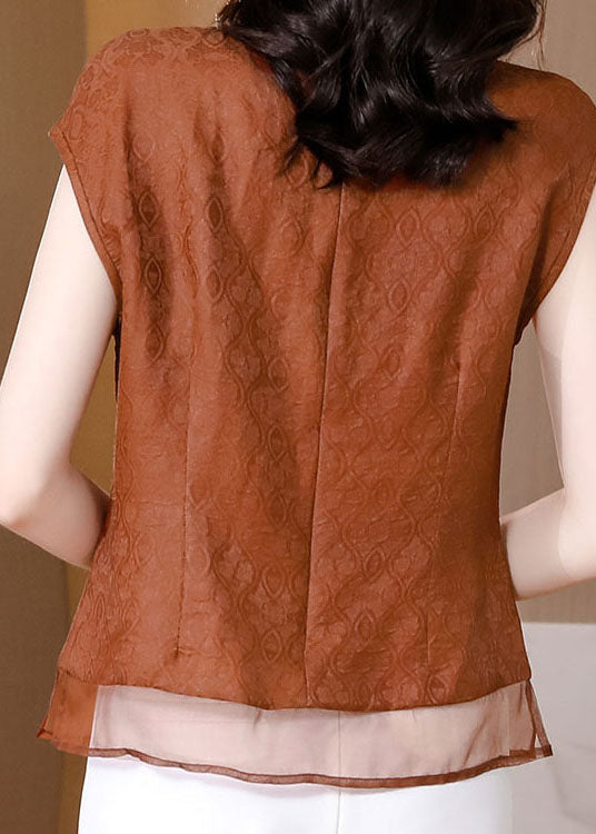 Brown Tasseled Patchwork Jacquard Silk Shirt Sleeveless