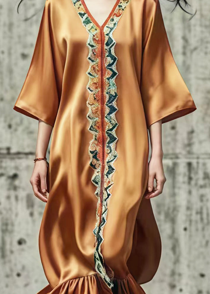 Brown V Neck Print Silk Ankle Dress Summer