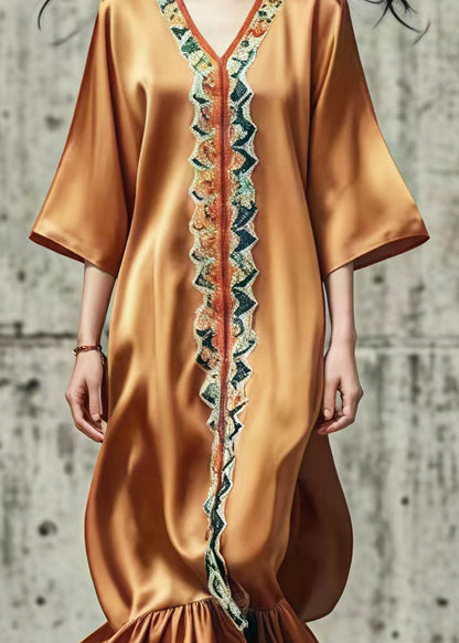 Brown V Neck Print Silk Ankle Dress Summer