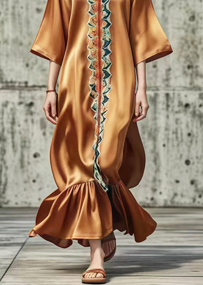 Brown V Neck Print Silk Ankle Dress Summer