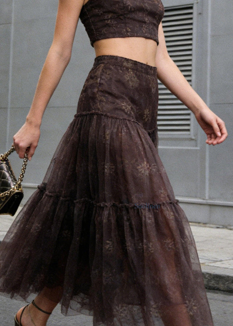 Brown Wrinkled Patchwork Tulle Skirts Summer