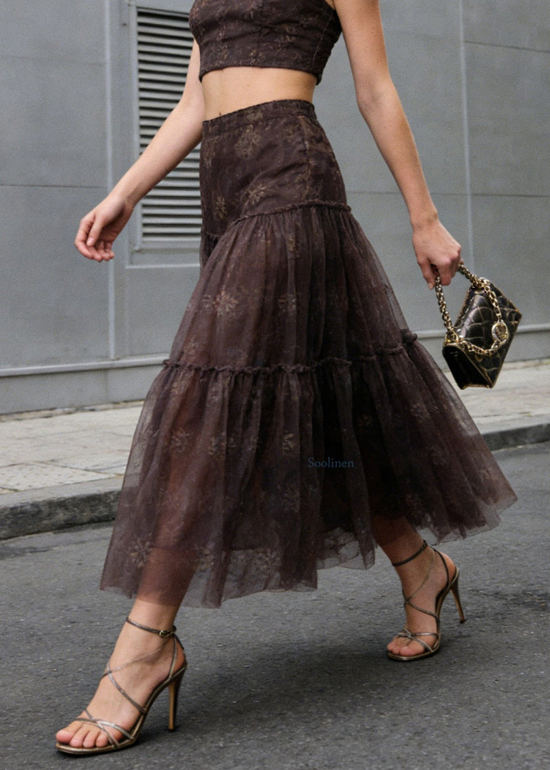 Brown Wrinkled Patchwork Tulle Skirts Summer