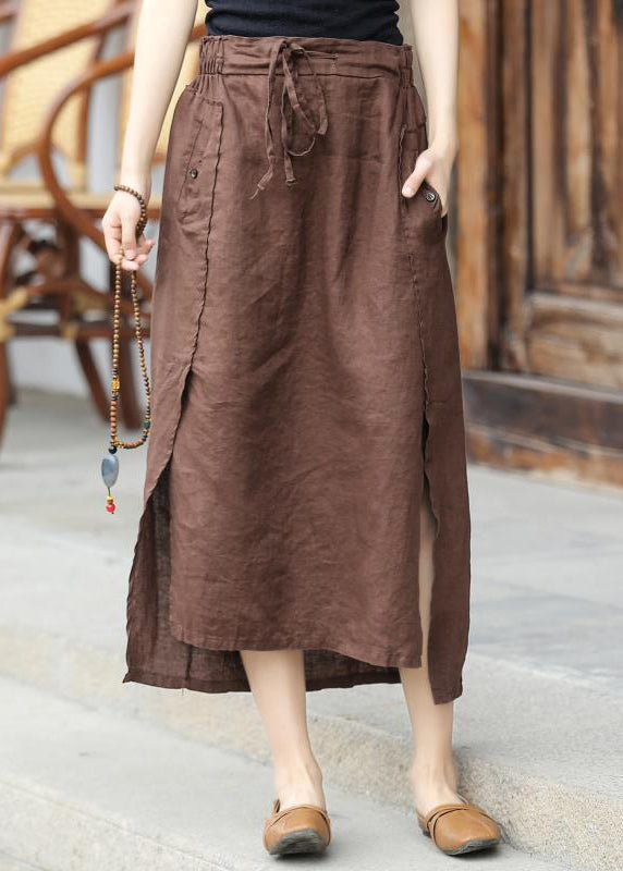 Brown Elastic Waist Tie Waist Asymmetrical Pockets Linen Skirt Spring