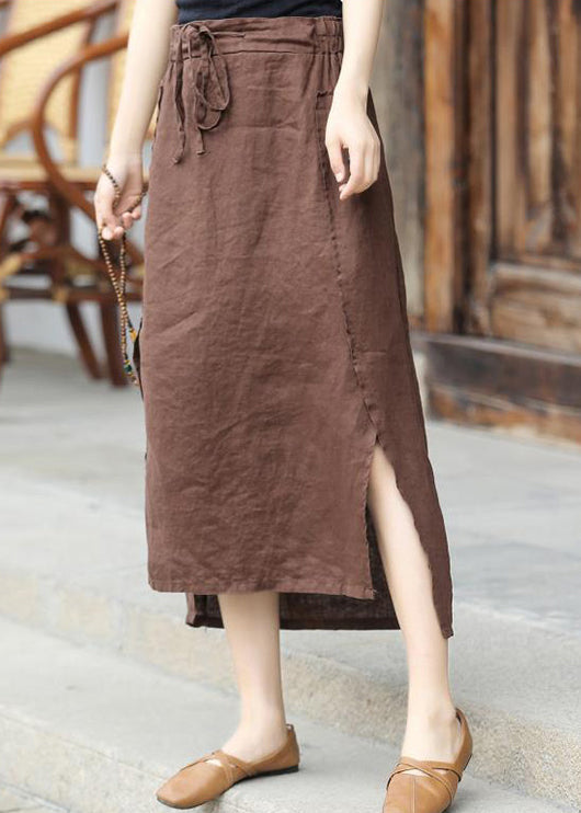 Brown Elastic Waist Tie Waist Asymmetrical Pockets Linen Skirt Spring