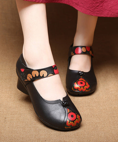 Buckle Strap Chunky High Heels Black Print Cowhide Leather