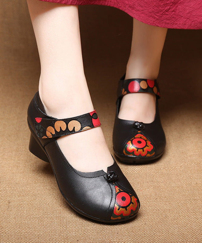 Buckle Strap Chunky High Heels Black Print Cowhide Leather