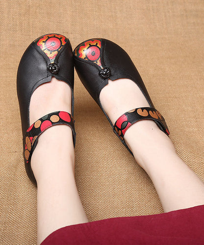 Buckle Strap Chunky High Heels Black Print Cowhide Leather