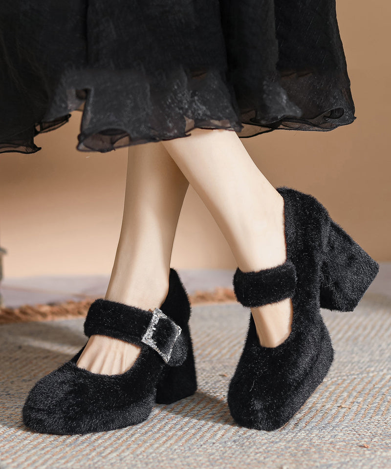 Buckle Strap Splicing Chunky High Heels Apricot Rabbit Wool
