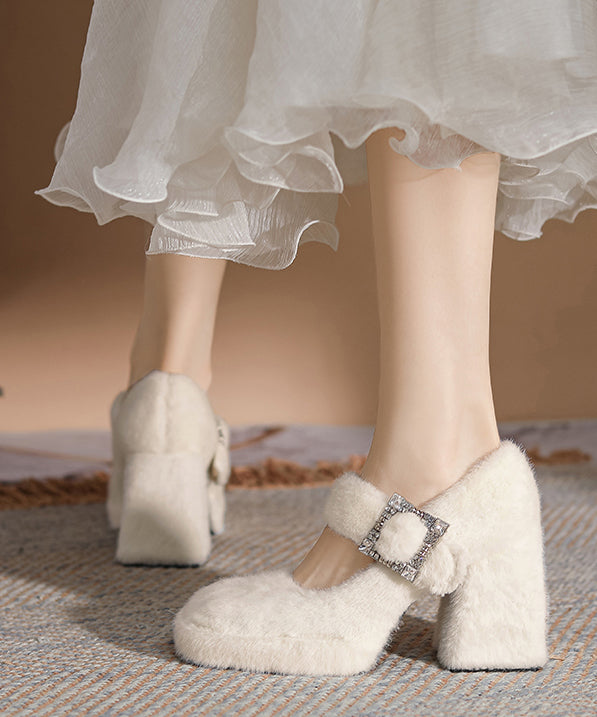 Buckle Strap Splicing Chunky High Heels Apricot Rabbit Wool
