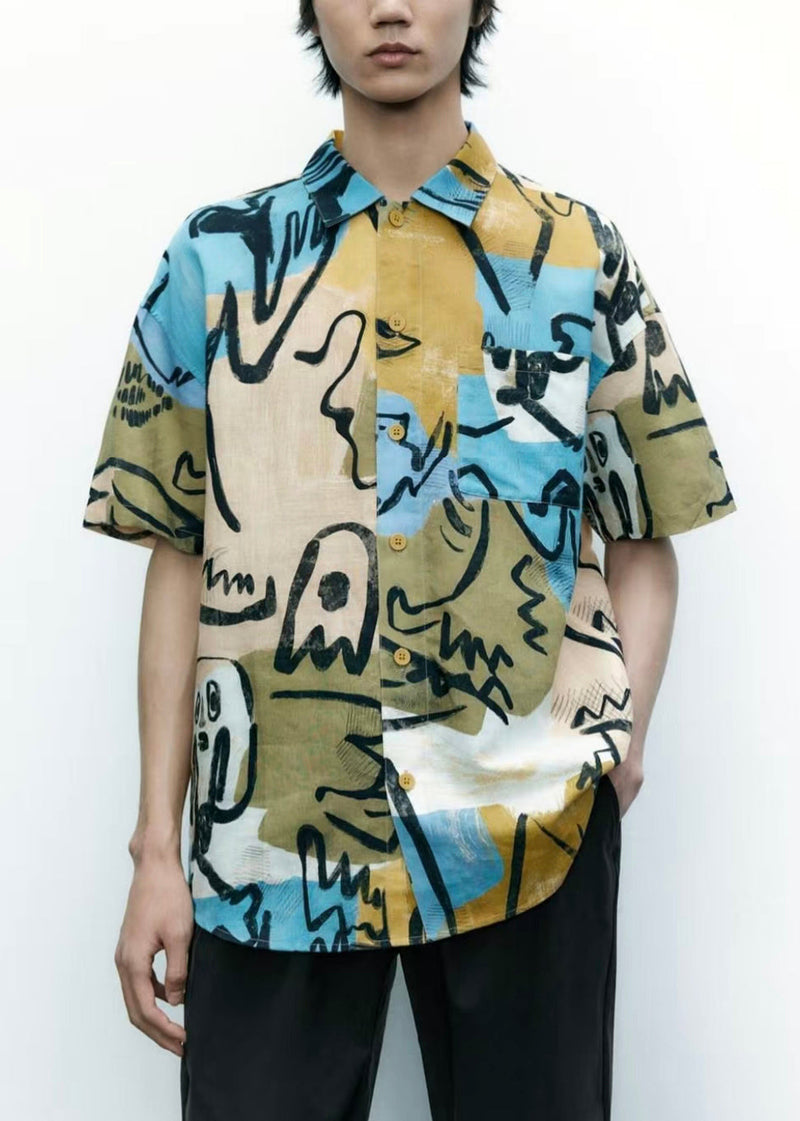 Button Print Patchwork Cotton Shirts Summer