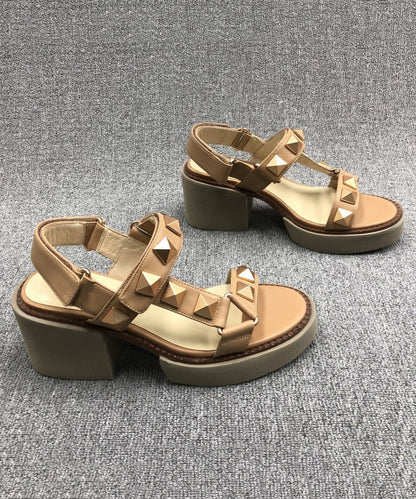 Camel Rivet Chunky Cowhide Leather Sandals