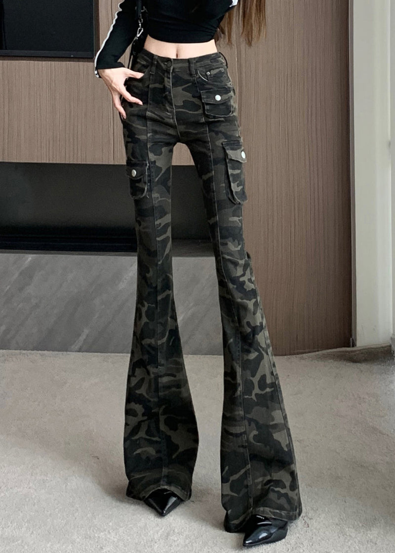 Camouflage Green Silm Fit Denim Flared Trousers Fall