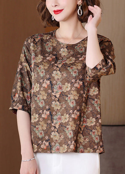 Caramel O Neck Print Patchwork Silk Shirts Half Sleeve