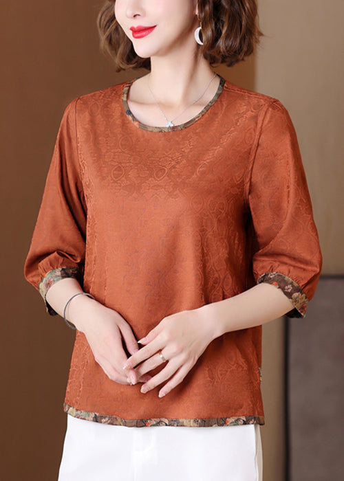 Caramel O Neck Print Patchwork Silk Shirts Half Sleeve