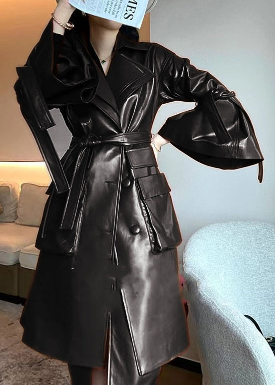 Caramel Tie Waist Pockets Faux Leather Trench Coat Flare Sleeve