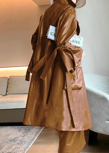 Caramel Tie Waist Pockets Faux Leather Trench Coat Flare Sleeve