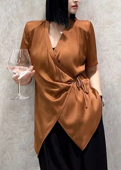 Caramel V Neck Tie Waist Shirt Short Sleeve