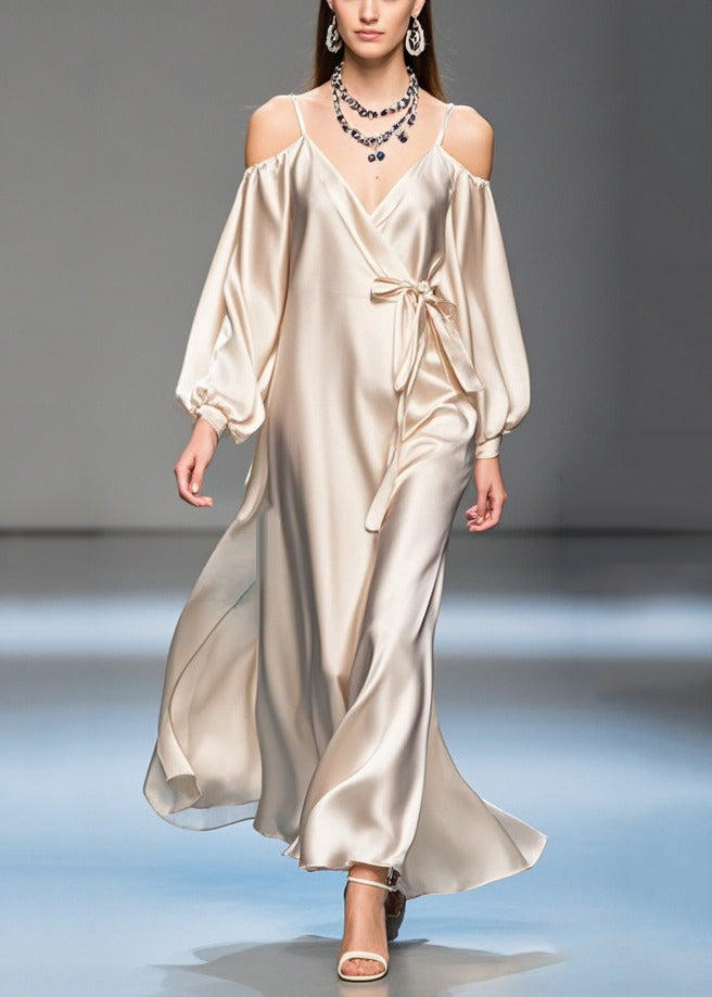 Champagne Cold Shoulder Tie Waist Silk Maxi Dresses Spring