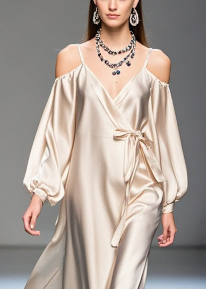 Champagne Cold Shoulder Tie Waist Silk Maxi Dresses Spring