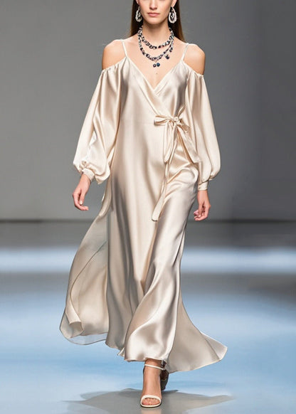 Champagne Cold Shoulder Tie Waist Silk Maxi Dresses Spring