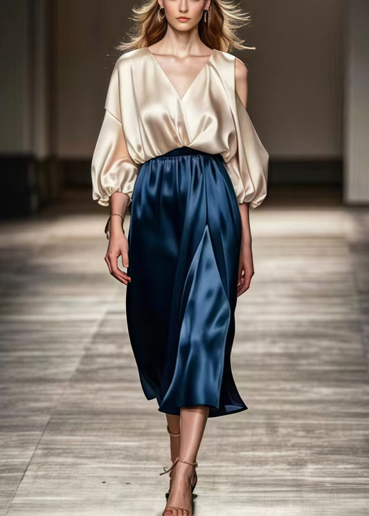 Champagne One Shoulder Patchwork Silk Dresses Spring