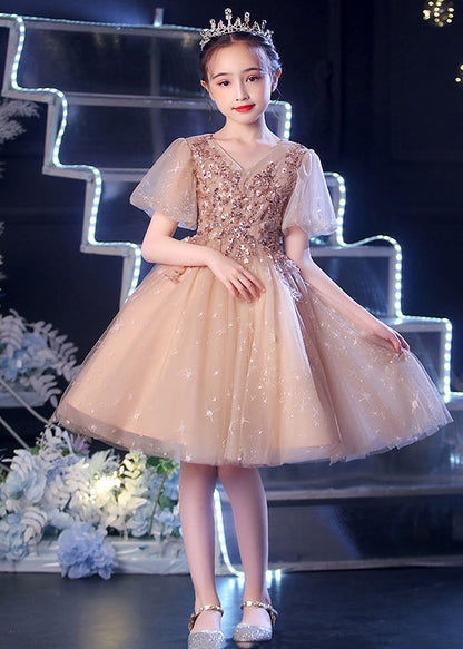 Champagne Puff Sleeve Sequins Tulle Kids Dress Summer